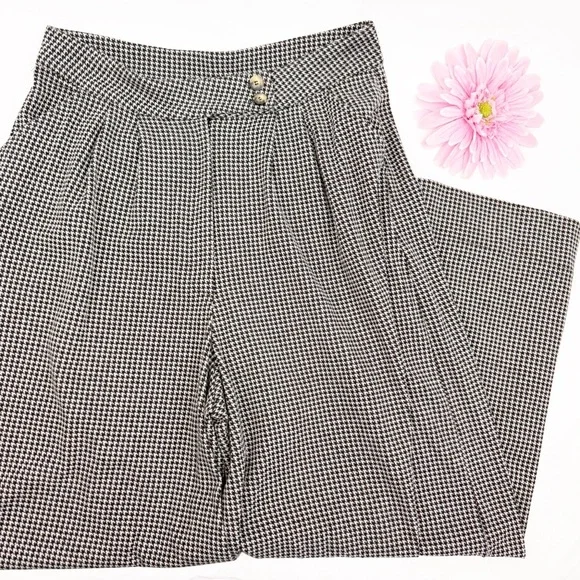 Free People Josie Houndstooth Wide Leg Pants Trousers Black White High Rise Boho